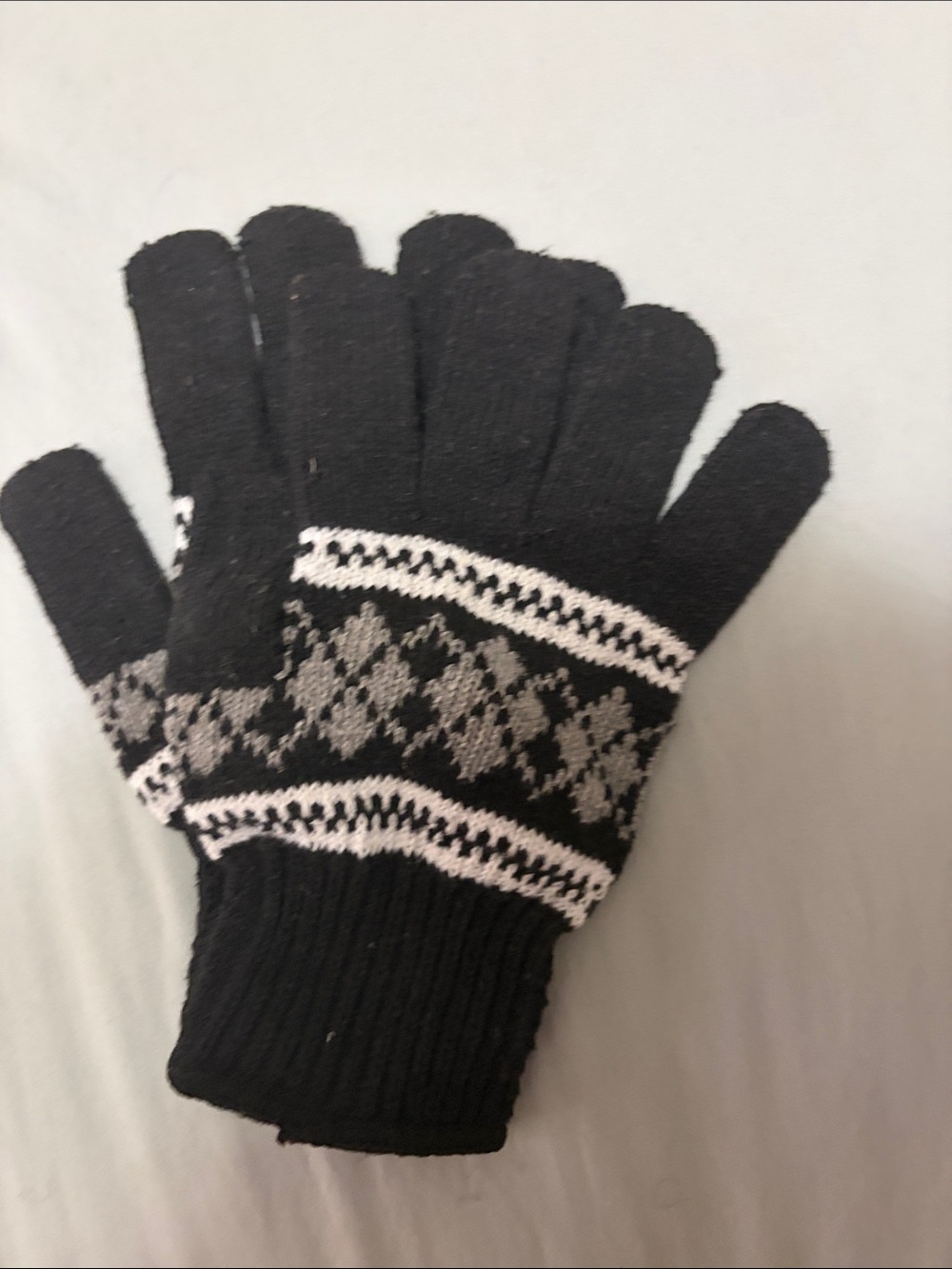 Black Knit Winter Gloves with Gray & White Fair Isle Pattern